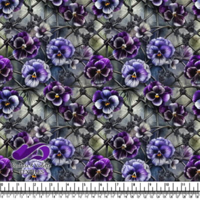 Purple and white pansy flowers intertwined with dark branches