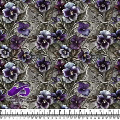 Purple and white pansy floral pattern with swirling leaves
