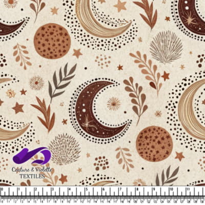 Motif Céleste avec Lunes Étoiles Feuilles et Points en Tons Terrestres