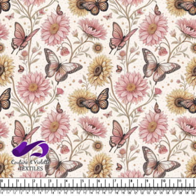 Fleurs roses et jaunes avec des papillons