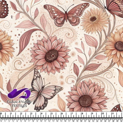 Motif floral vintage délicat avec des tournesols et des papillons dans des tons chauds et doux