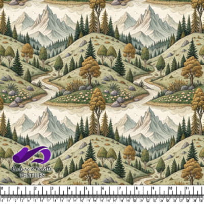 Serene mountain landscape with pine trees winding river and autumn foliage in vintage style