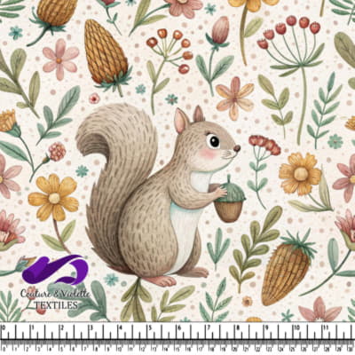 Cute squirrel holding an acorn surrounded by colorful flowers