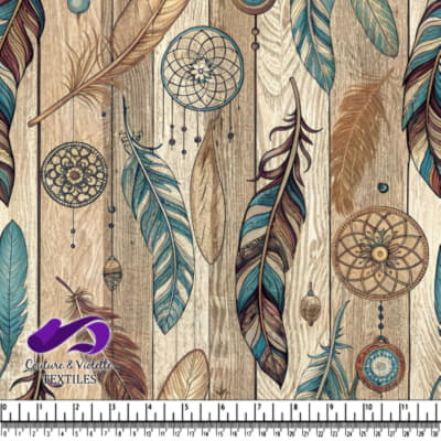 Bohemian pattern with dreamcatchers and feathers on wooden background