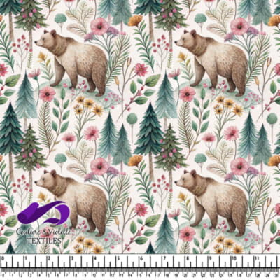 Brown bear walking through a floral forest pattern
