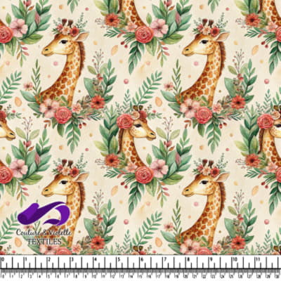 Watercolor giraffe with floral crowns and surrounding botanical elements