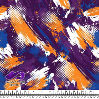 Abstract brushstroke pattern in purple orange blue and white with halftone dots