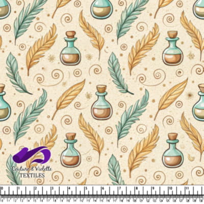 Small potion bottles and colorful leaves