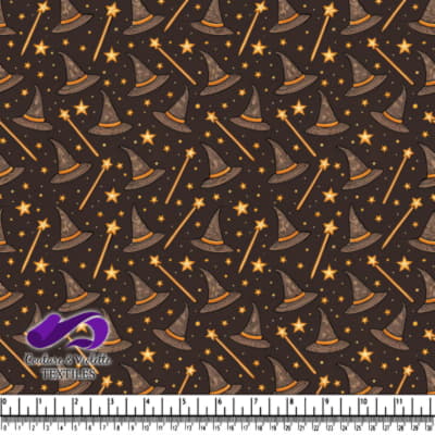 Motif magique avec chapeaux de sorcière, baguettes et étoiles