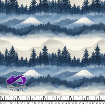 Montagne enneigée entourée de forêts de pins en couches et de brouillard brumeux