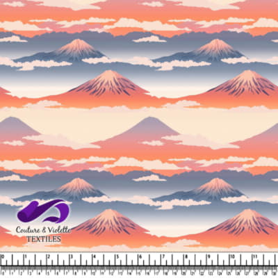 Paysage montagneux stylisé avec nuages et couleurs de coucher de soleil