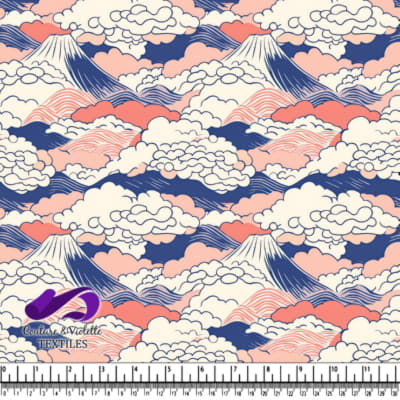 Stylized Mountain and Cloud Pattern in Blue and Pink Tones