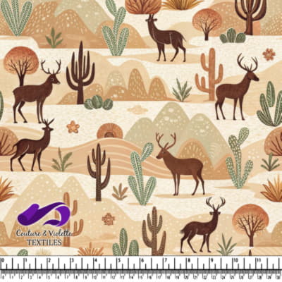 Desert Wildlife Scene with Deer Cacti and Mountains Pattern