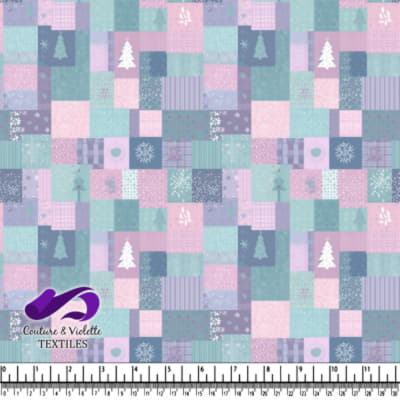 Pastel winter patchwork fabric pattern with trees and snowflakes