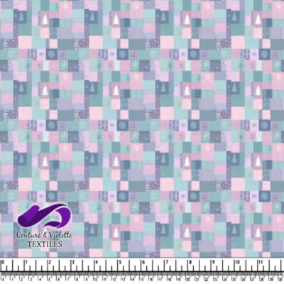 Pastel winter patchwork fabric pattern with trees and snowflakes