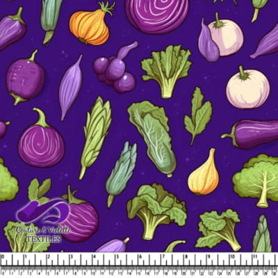 Motif coloré de légumes violets et verts sur fond foncé