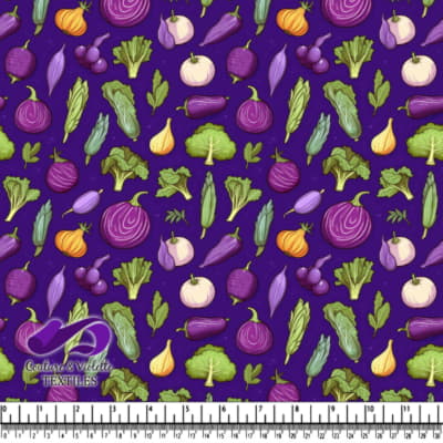 Motif coloré de légumes violets et verts sur fond foncé