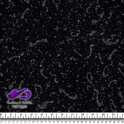 Black fabric with silver glitter swirls and speckles pattern