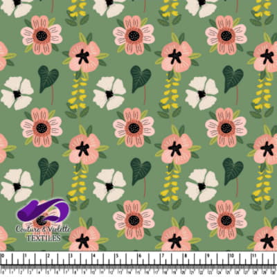 Pink and white floral pattern on green background textile design