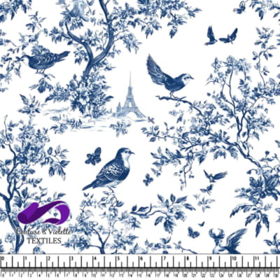 Blue and white bird and tree pattern with Eiffel Tower silhouette