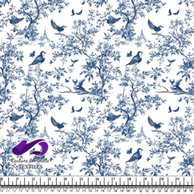 Blue and white bird and tree pattern with Eiffel Tower silhouette