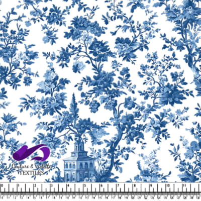 Blue and White Vintage Floral Toile Pattern Fabric