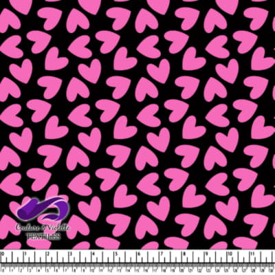 Pink Hearts Pattern on Black Background Fabric Design