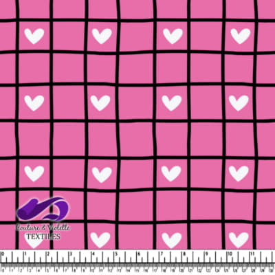 Pink Grid Pattern with White Hearts on Textile Fabric