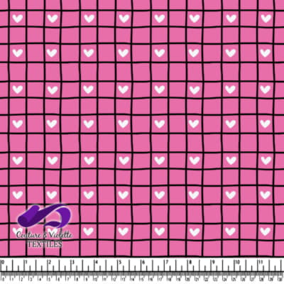 Pink Grid Pattern with White Hearts on Textile Fabric
