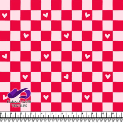 Red and pink checkered pattern with scattered hearts