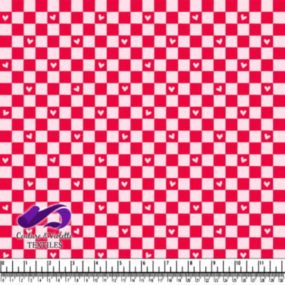 Red and pink checkered pattern with scattered hearts