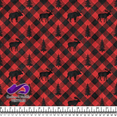 Red and Black Plaid Pattern with Moose and Evergreen Trees