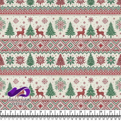 Tissu Tricot Fair Isle avec Rennes et Sapins de Noël