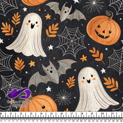 Cute Halloween Ghost Bats and Pumpkins Pattern on Black Background