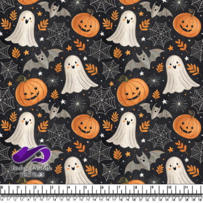 Cute Halloween Ghost Bats and Pumpkins Pattern on Black Background
