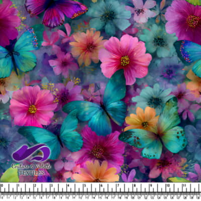 Vibrant Blue Butterflies and Flowers Design