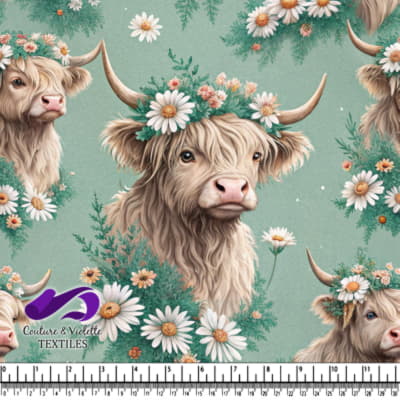 Vache des Highlands avec Couronnes de Fleurs