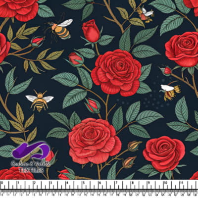 Motif de Roses Rouges et Abeilles sur Noir