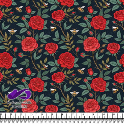Motif de Roses Rouges et Abeilles sur Noir