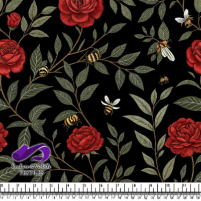 Roses Rouges et Abeilles sur Fond Noir