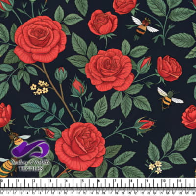 Roses Rouges et Abeilles sur Tissu Noir