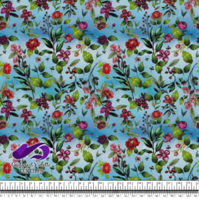 Embroidery bloom - Roses sur fond bleu