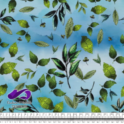 Embroidery bloom - Feuilles sur fond bleu